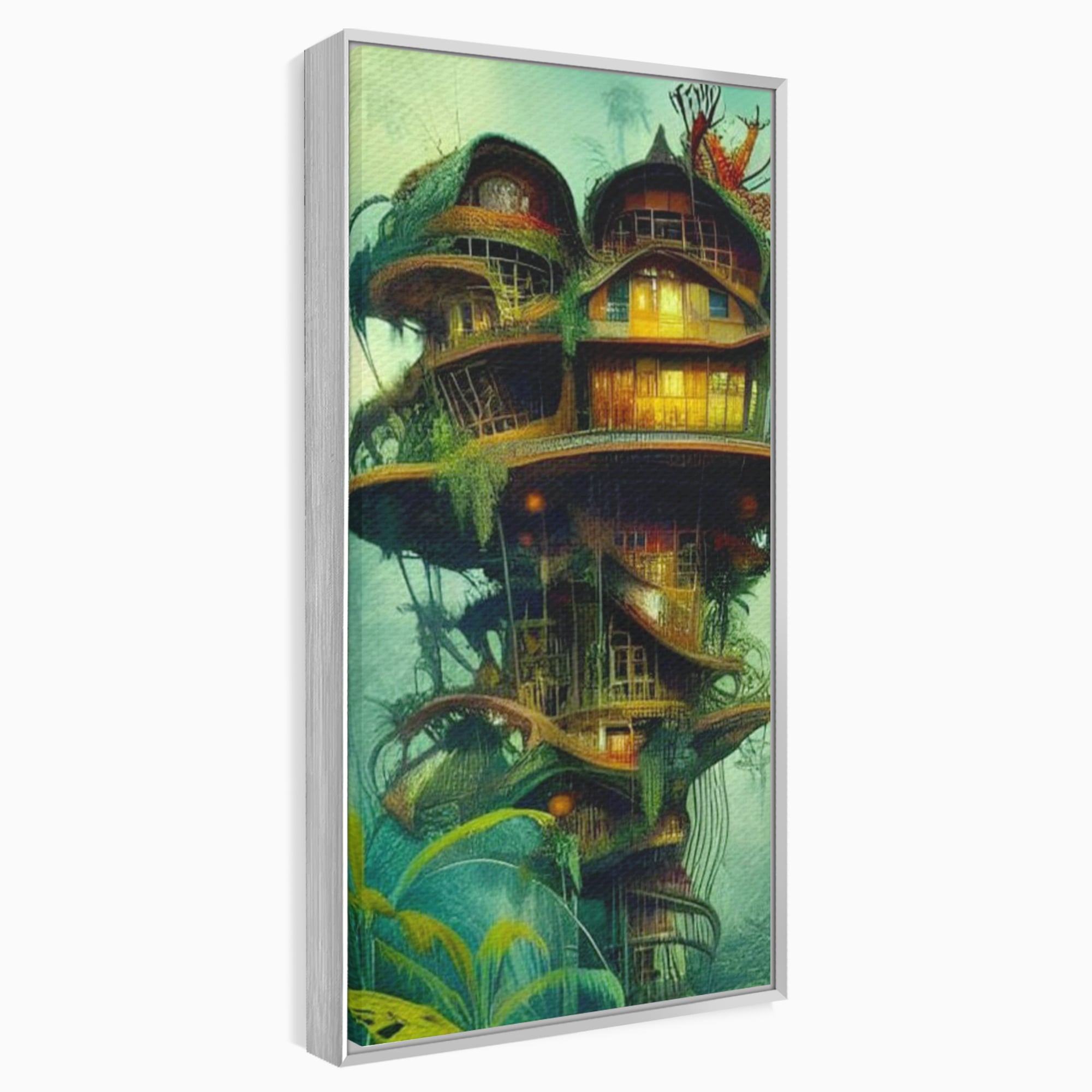 Tablou canvas cu ilustratie digitala cu turn in copac, in rama de aluminiu argintiu